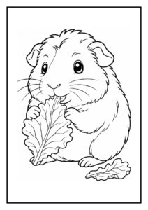 Kleurplaat van een schattige cavia die nieuwsgierig is bij een grote kom met groente, geschikt voor jonge kinderen.
