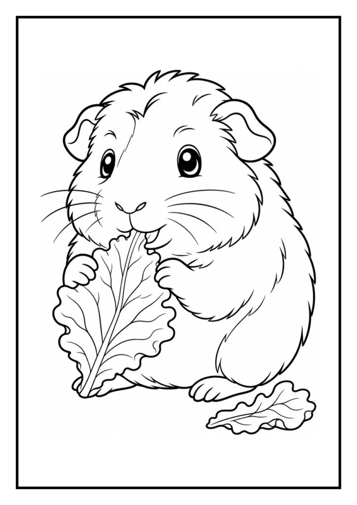 Kleurplaat van een schattige cavia die nieuwsgierig is bij een grote kom met groente, geschikt voor jonge kinderen.