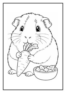 Kleurplaat van een schattige cavia die een blaadje sla steelt onder een klein bruggetje