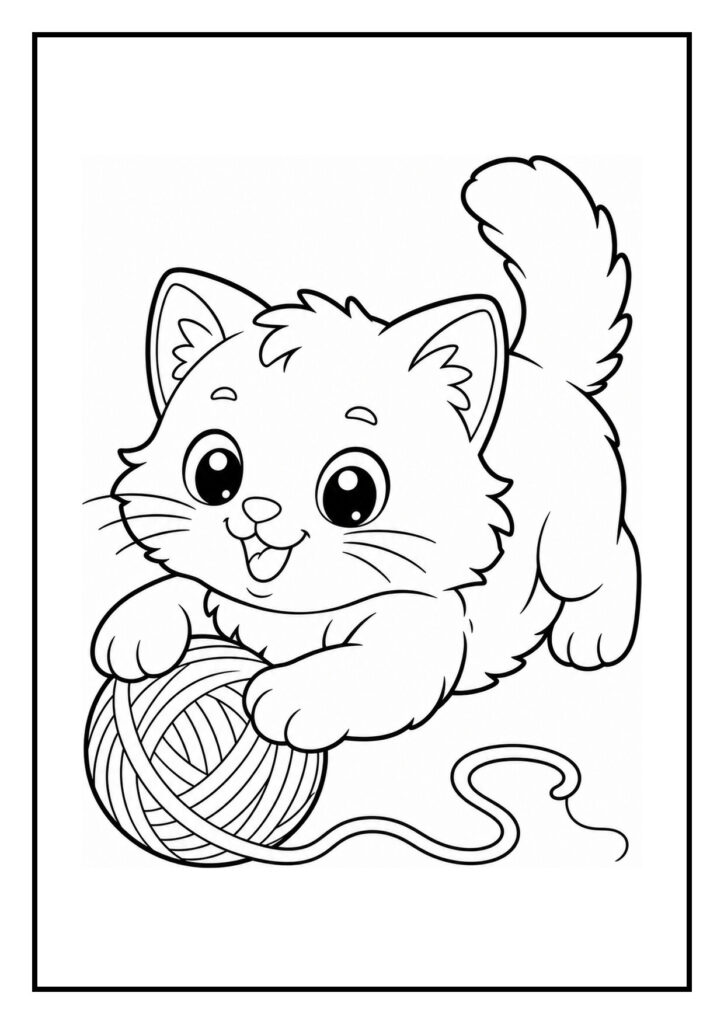 Kleurplaat van een vrolijke speelse kitten die speelt met een bol wol
