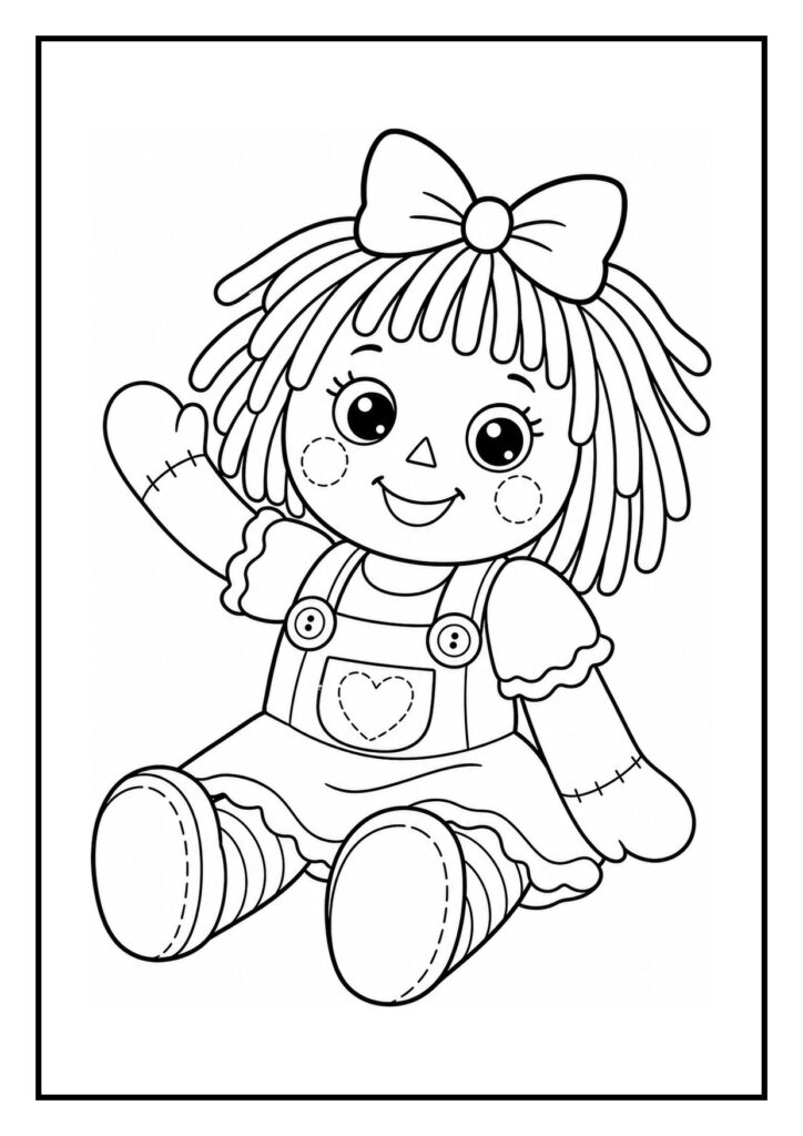 Kleurplaat van een schattige knuffelpop met een strik die vrolijk naar kinderen lacht