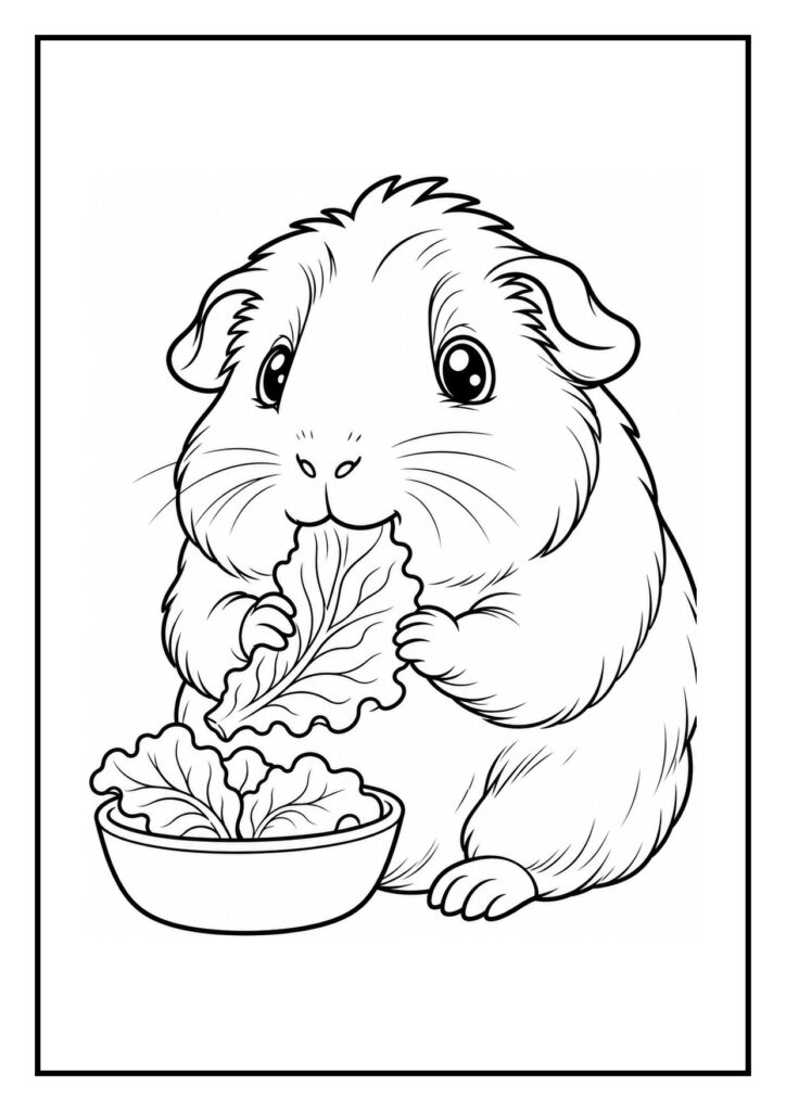 Kleurplaat van een schattige cavia die een blaadje sla eet uit een bakje met stro