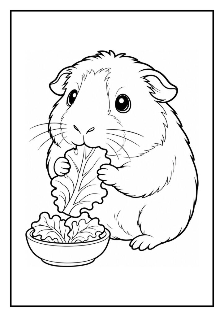 Kleurplaat van een schattige cavia die over een zacht kleedje naar voren kruipt, geschikt voor jonge kinderen.