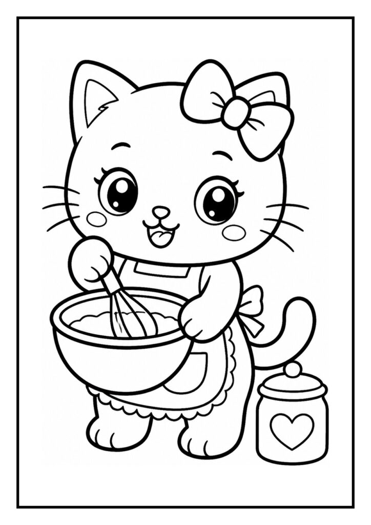 Kleurplaat van een schattige kat met een schort die met een garde in een kom roert, naast een pot met een hartje erop.