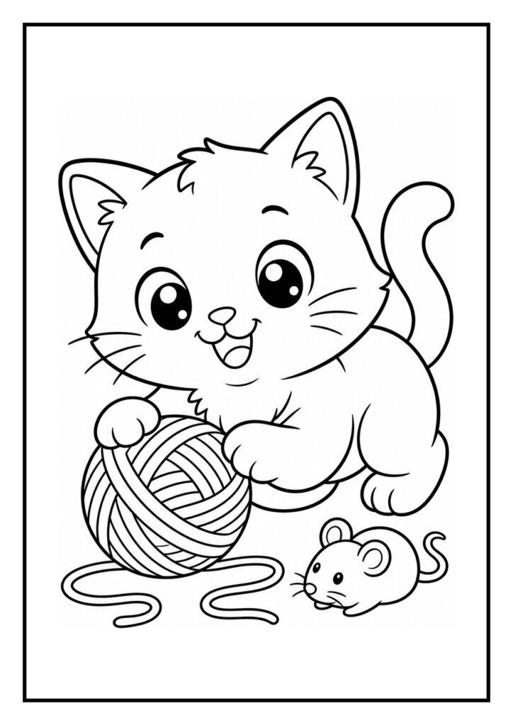 Kleurplaat van een speelse kat die voorzichtig met zijn pootje een vlinder pakt, met een bol wol en een kleine muis naast zich.