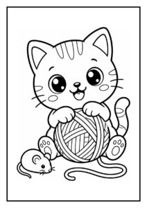 Kleurplaat van een schattige kat die van een kleine glijbaan glijdt met een bol wol en een muisje erbij