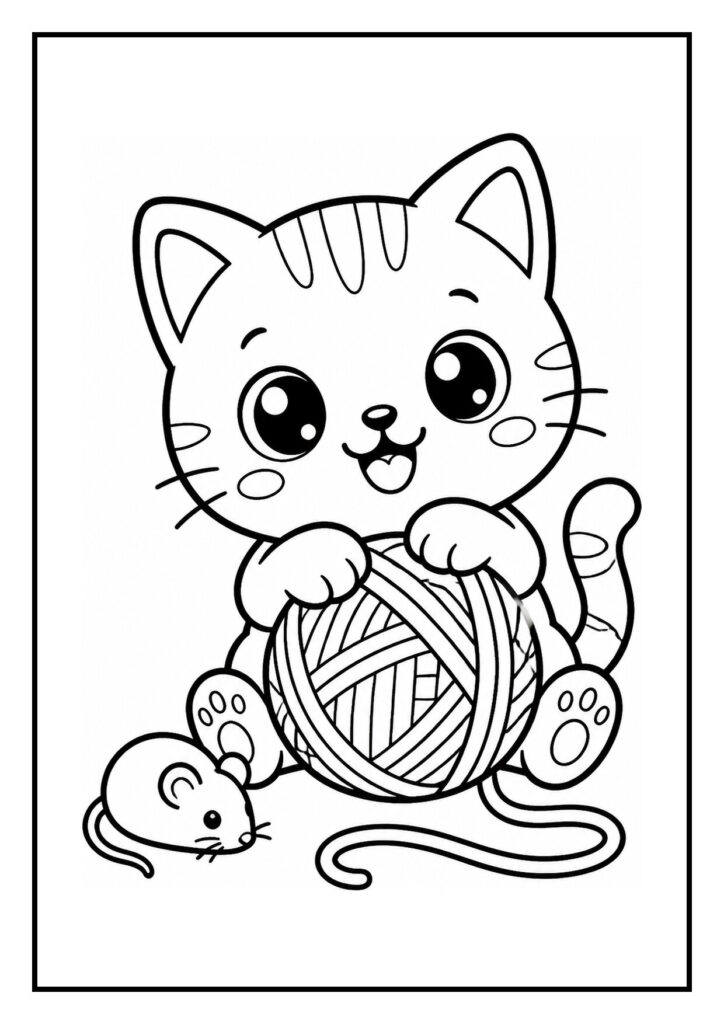 Kleurplaat van een schattige kat die van een kleine glijbaan glijdt met een bol wol en een muisje erbij