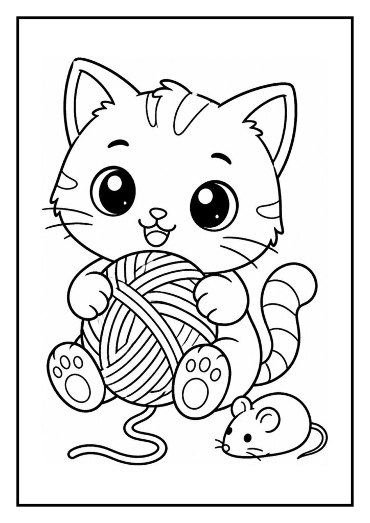 Kleurplaat van een schattige kat die een bol wol vasthoudt met een klein muisje naast zich