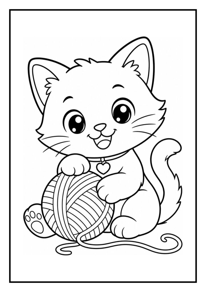 Kleurplaat van een vrolijke kat die verstoppertje speelt achter een plant met een bol wol.