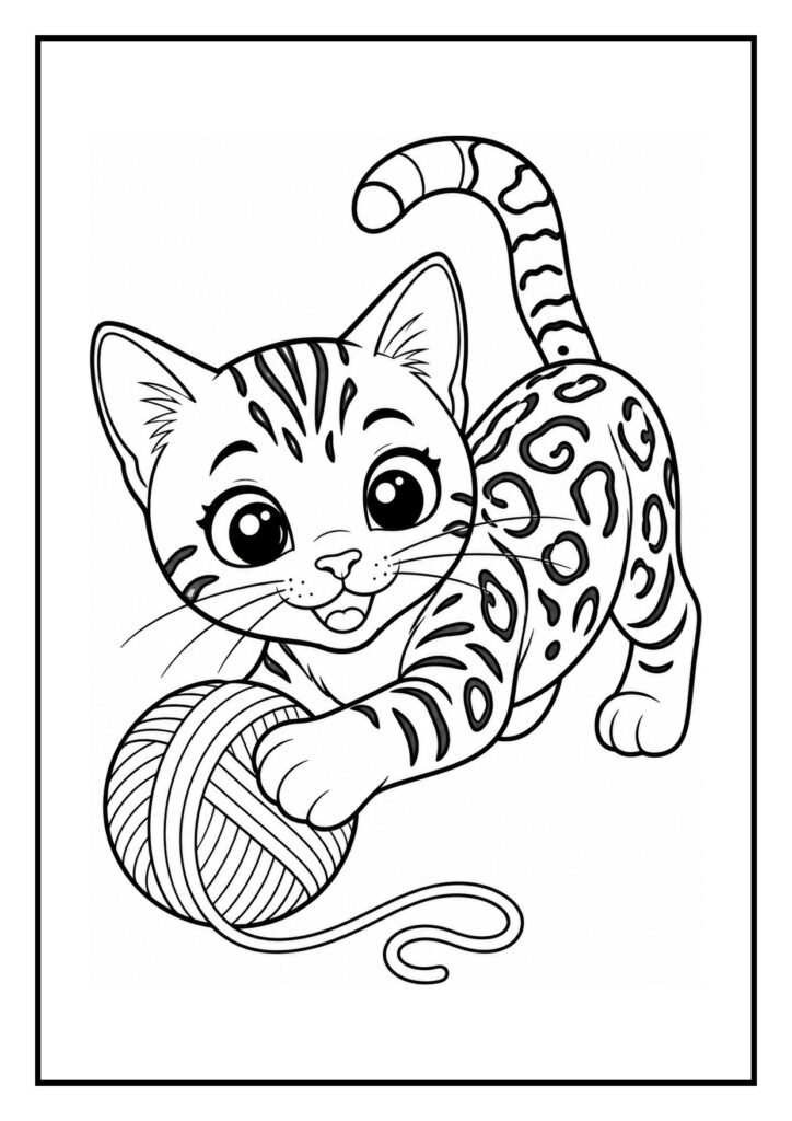 Kleurplaat van een Bengaalse kat die naar een vlinder kijkt die op een bloem zit