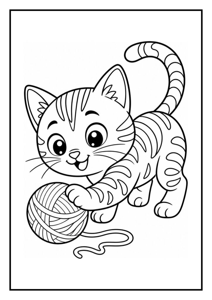 Kleurplaat van een schattige Bengaalse kat die speelt met een opgerolde bol wol