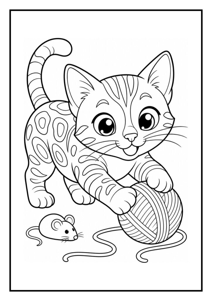 Kleurplaat van een Bengaalse kat die speels op een lage tak klimt met een bol wol en een muis in de buurt