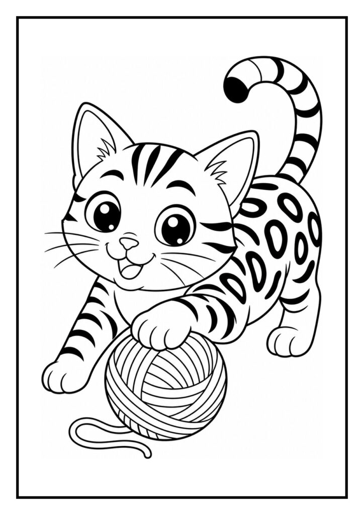Kleurplaat van een speelse Bengaalse kat die speelt met een bol wol, vrolijk en geschikt voor jonge kinderen