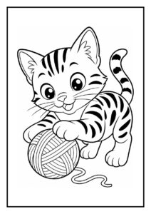 Kleurplaat van een schattige Bengaalse kat die sierlijk draait terwijl ze met een bol wol speelt