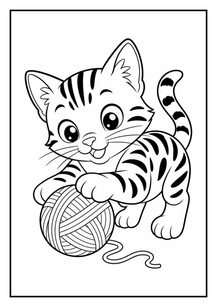 Kleurplaat van een schattige Bengaalse kat die sierlijk draait terwijl ze met een bol wol speelt