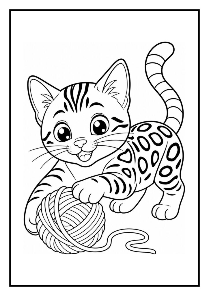 Een Bengaalse kat die druppels water van zijn snorharen afschudt in een eenvoudige kleurplaat