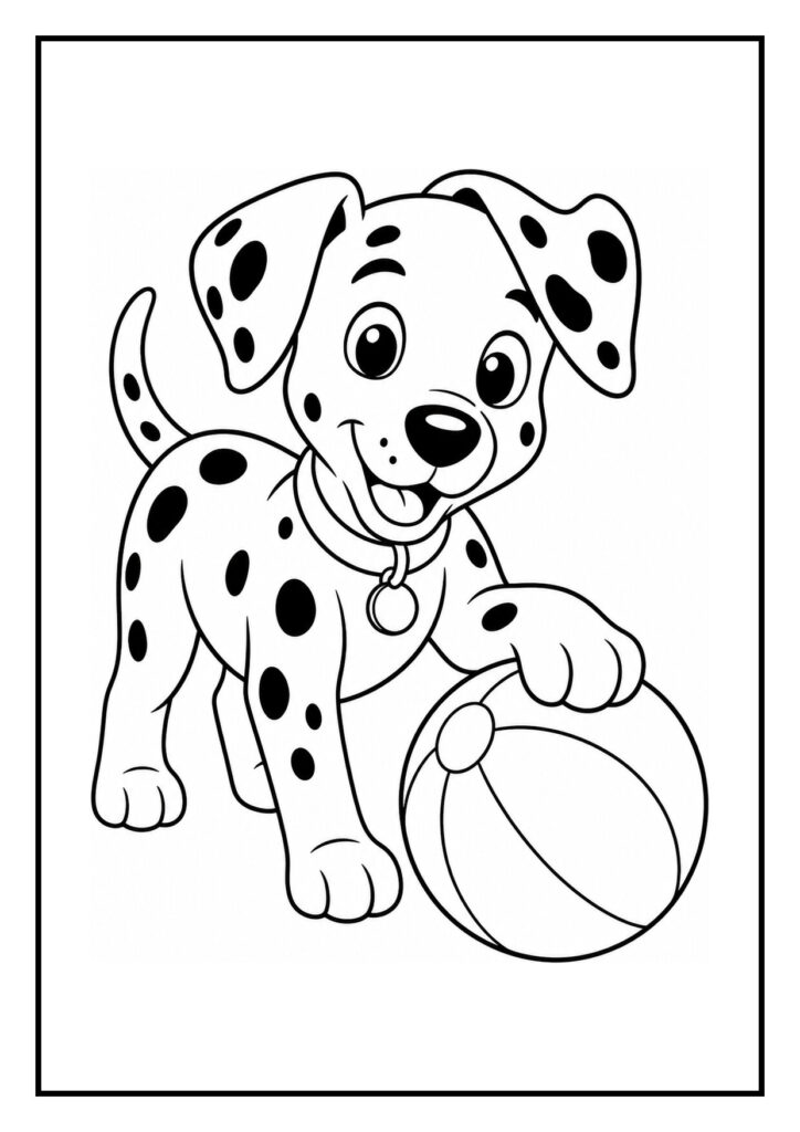 Kleurplaat van een speelse dalmatiër pup die een zwevende bal vangt