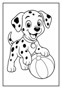 Kleurplaat van een vrolijke dalmatiër puppy die achter een vliegende frisbee aan rent