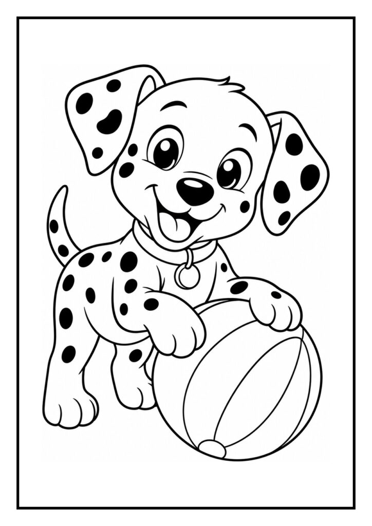 Leuke kleurplaat van een vrolijke dalmatiër puppy die springt door een hoepel en speelt met een bal