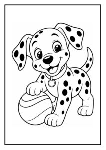 Kleurplaat van een vrolijke dalmatiër puppy die een spoor volgt en speelt met een bal