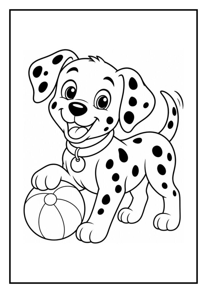 Kleurplaat van een vrolijke dalmatiër puppy die in een hoop bladeren duikt en ermee speelt