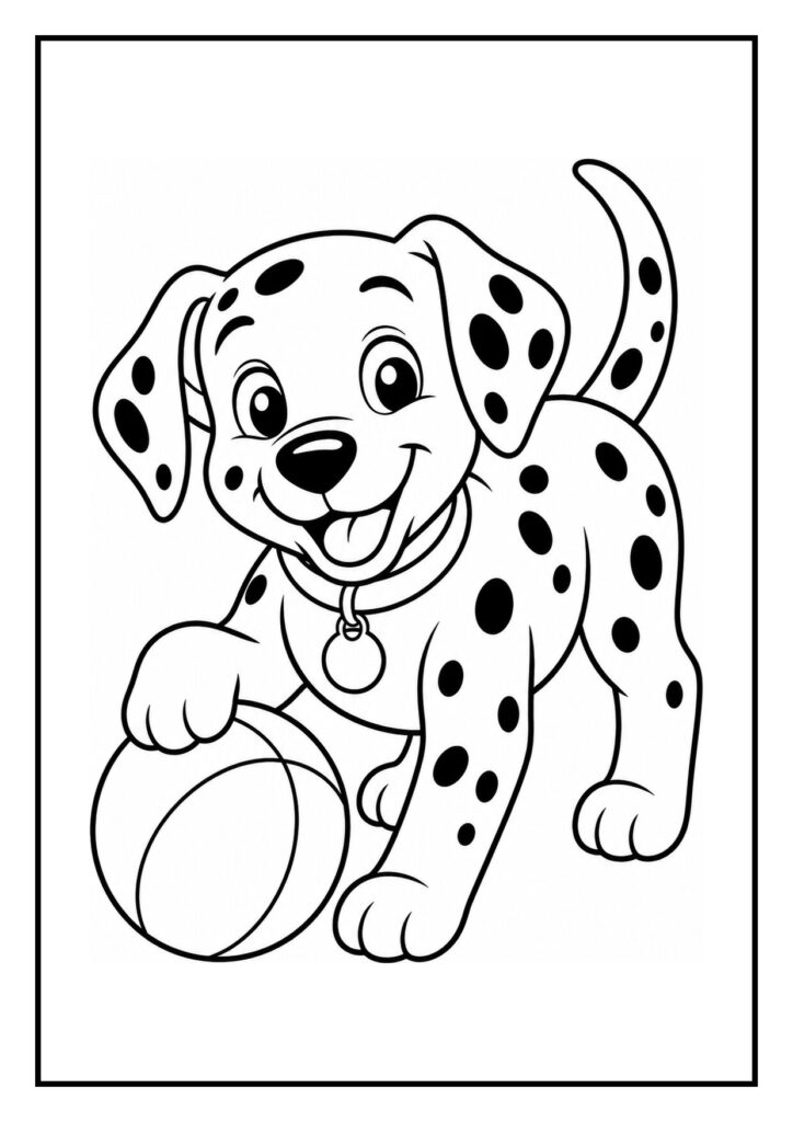 Kleurplaat van een speelse dalmatiër puppy die vrolijk aan een touw trekt