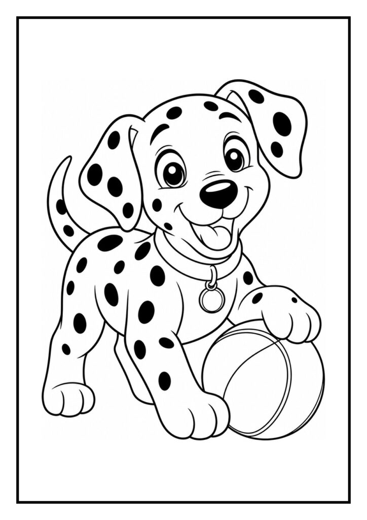 Kleurplaat van een vrolijke dalmatiër puppy die over een lage hindernis springt