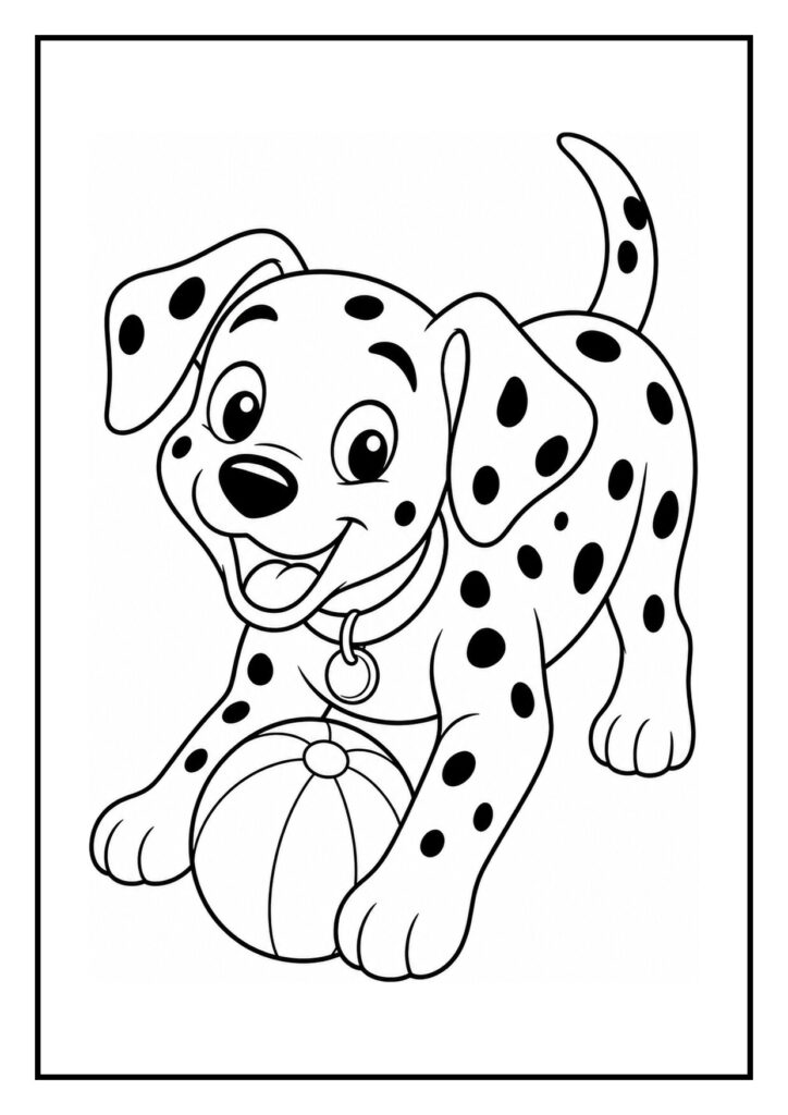 Speelse dalmatiër puppy die een blaadje weg blaast kleurplaat voor kinderen
