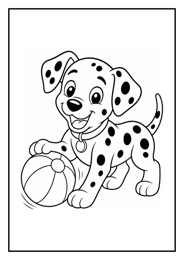 Vrolijke dalmatiër pup die speelt en een postzak draagt in een kleurplaat
