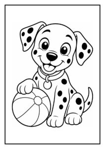 Kleurplaat van een vrolijke dalmatiër puppy die achter een grote zeepbel aanrent