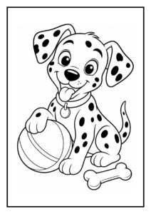 Vrolijke dalmatiër puppy die een slee trekt in de sneeuw, kleurplaat voor kinderen