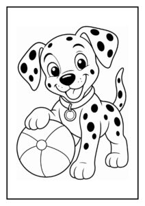 Vrolijke dalmatiër puppy die zichzelf poetst voor de spiegel in een eenvoudige kleurplaat.