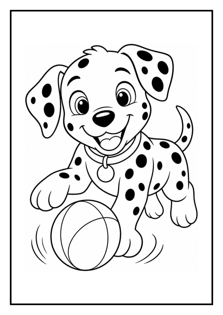 Leuke kleurplaat van een vrolijke dalmatiër puppy die uit een verjaardagsdoos springt met een bal.