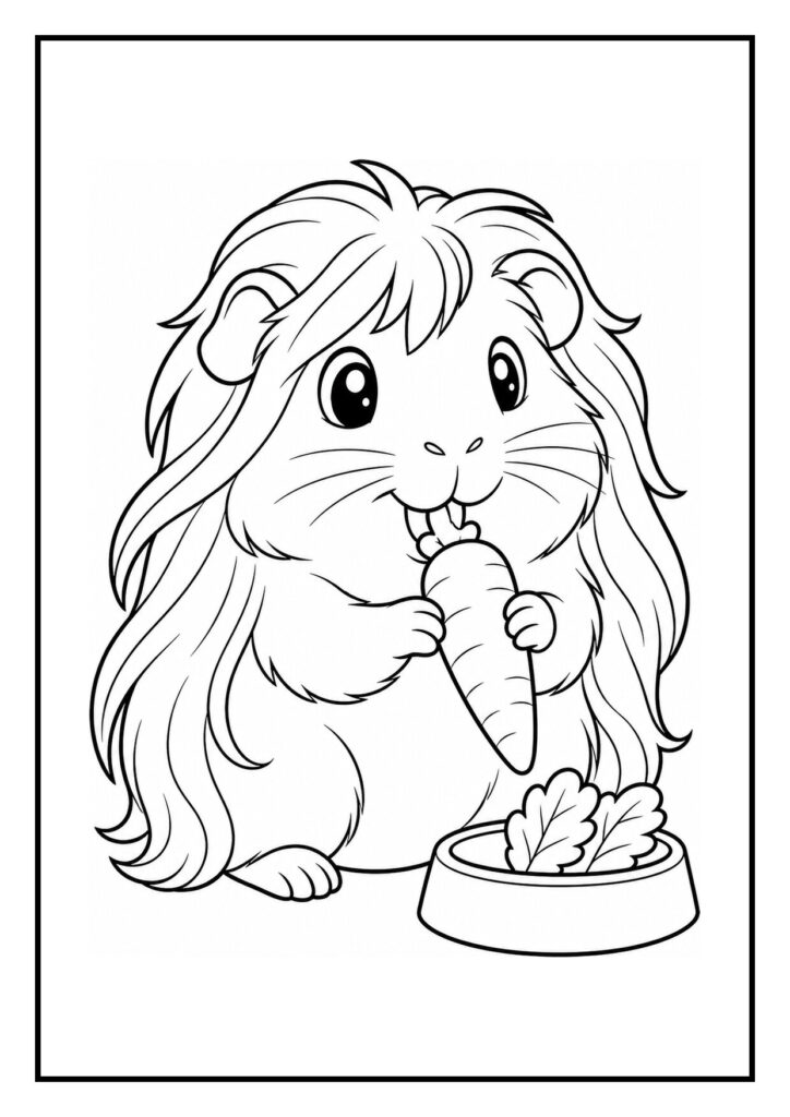 Kleurplaat van een schattige hamster die een wortel eet naast een bakje met groente