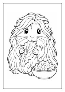 Kleurplaat van een knuffelige cavia die nieuwsgierig uit een mandje kijkt terwijl ze sla eet met een bakje sla naast haar.