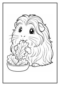 Kleurplaat van een schattige cavia die blaadjes sla eet uit een schaaltje