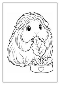 Kleurplaat van een schattige cavia die een blad uit een bakje eet