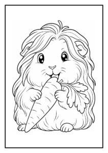 Leuke kleurplaat met een schattige cavia die slaperig uit een dekentje komt en een grote wortel vasthoudt