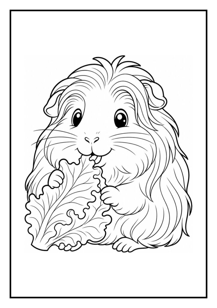 Schattige kleurplaat van een cavia die een sla blad eet