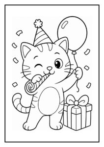 Kleurplaat van een schattige feestelijke kat met een feesthoed, een ballon, een cadeau en confetti.