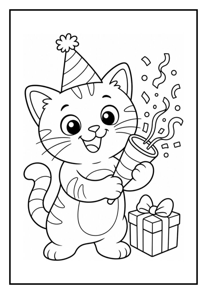 Kleurplaat van een schattige kat met feesthoedje die een feestknaller vasthoudt en een cadeau naast zich heeft tijdens een verjaardag met vriendjes.