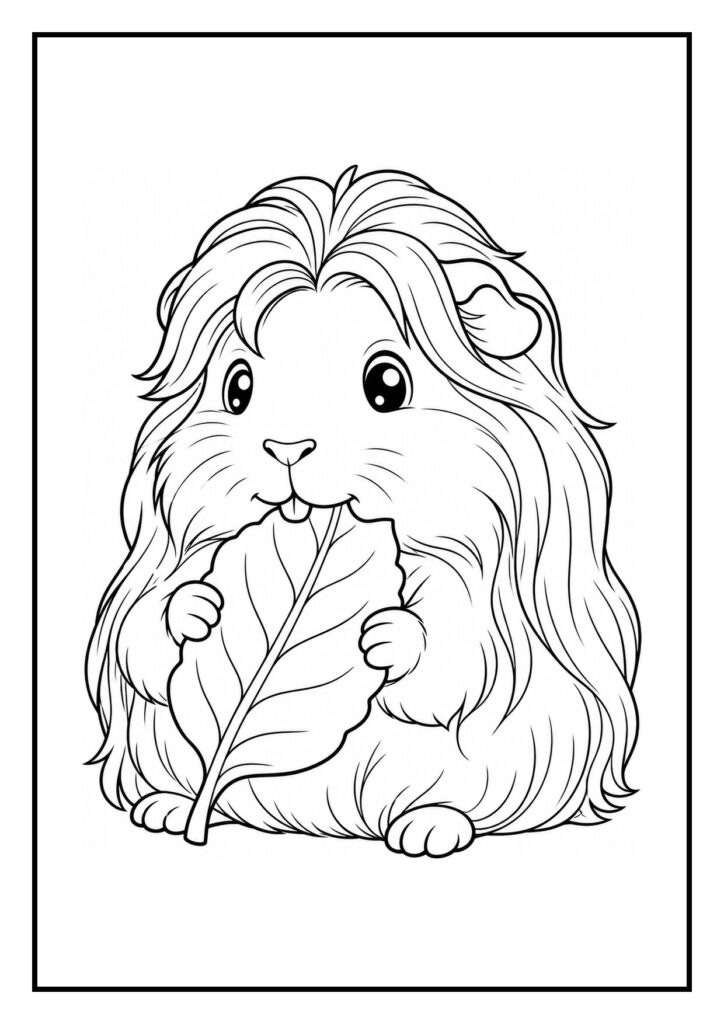 Leuke kleurplaat van een schattige cavia die zich verstopt tussen hooi en een groot blad eet