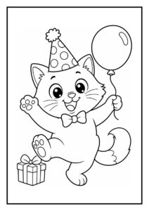 Leuke kleurplaat van een vrolijke kat met een feestmuts die ballonnen opblaast naast een cadeautje