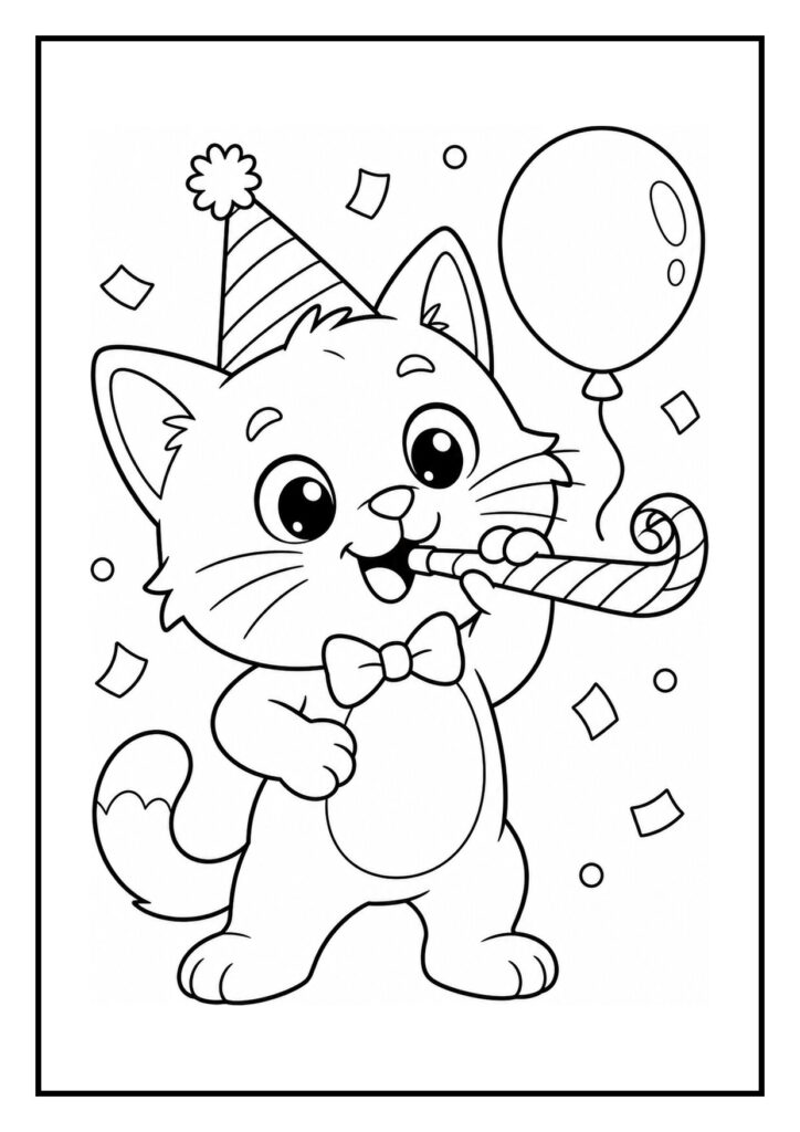 Kleurplaat van een vrolijke kat met een feestmuts, toeter en ballon om een verjaardag te vieren