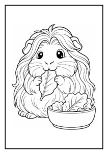 Kleurplaat van een schattige cavia die een blad eet naast een kom met bladeren.