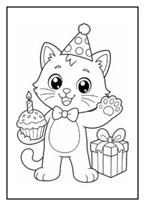 Kleurplaat van een feestelijke kat met een polkadot feesthoed, een cupcake met kaars en een cadeau