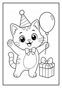 Kleurplaat van een feestelijke kat met een feesthoed, een strik, een ballon en een cadeau.