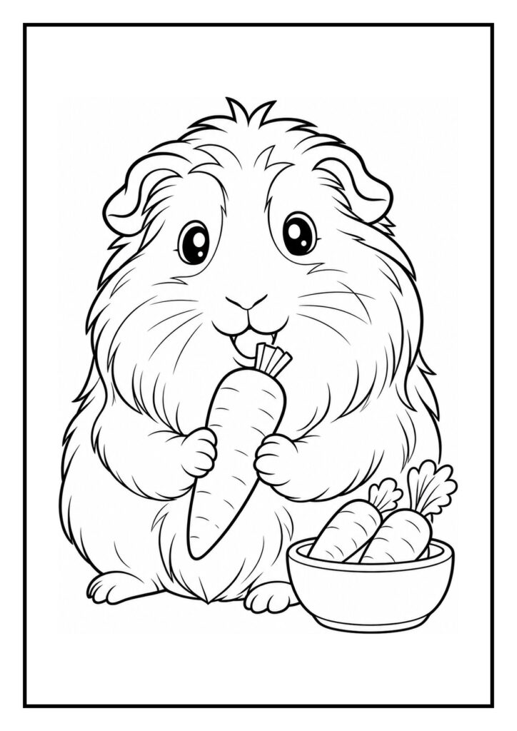 Schattige kleurplaat van een cavia die een wortel eet naast een kom met wortels
