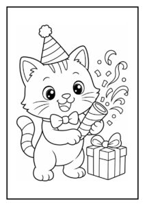 Kleurplaat van een kat met een feesthoedje en feesttoeter, die feeststerretjes schiet naast een cadeautje