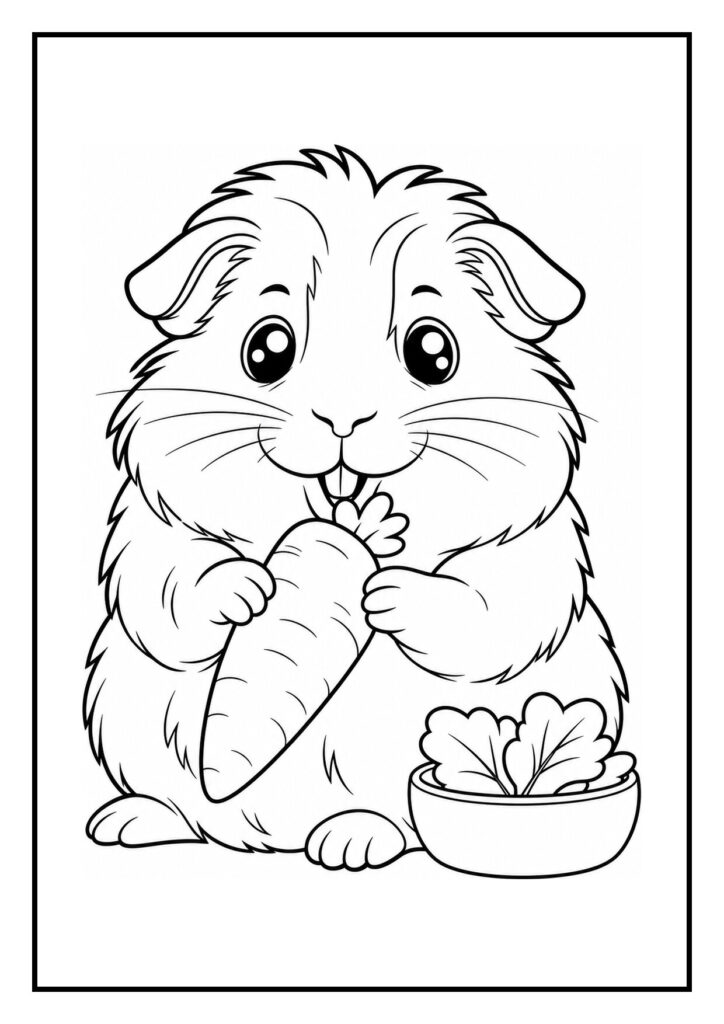 Kleurplaat van een schattige cavia die een wortel vasthoudt met een schaal blaadjes ernaast